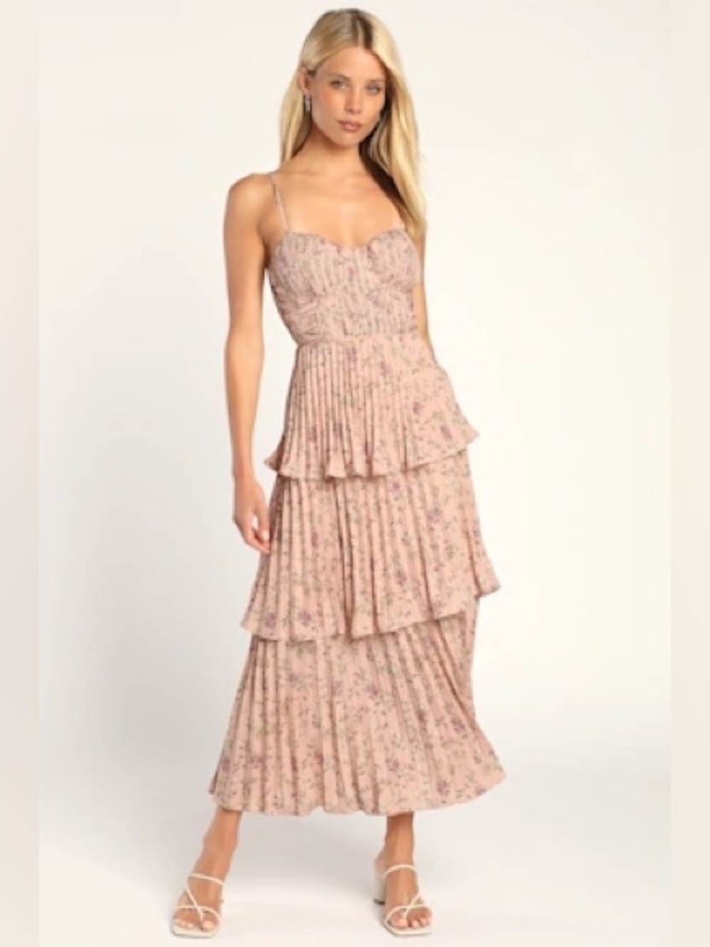 Cascading Crush Pink Floral Print Tiered Bustier Midi Dress Size Medium